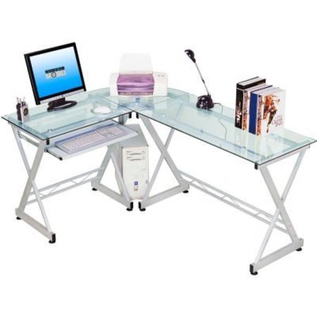 RTA PRODUCTS LLC Techni Mobili L-Shaped Tempered Glass Top Computer Desk with Pull Out Keyboard Tray, Clear RTA-3802-GLS